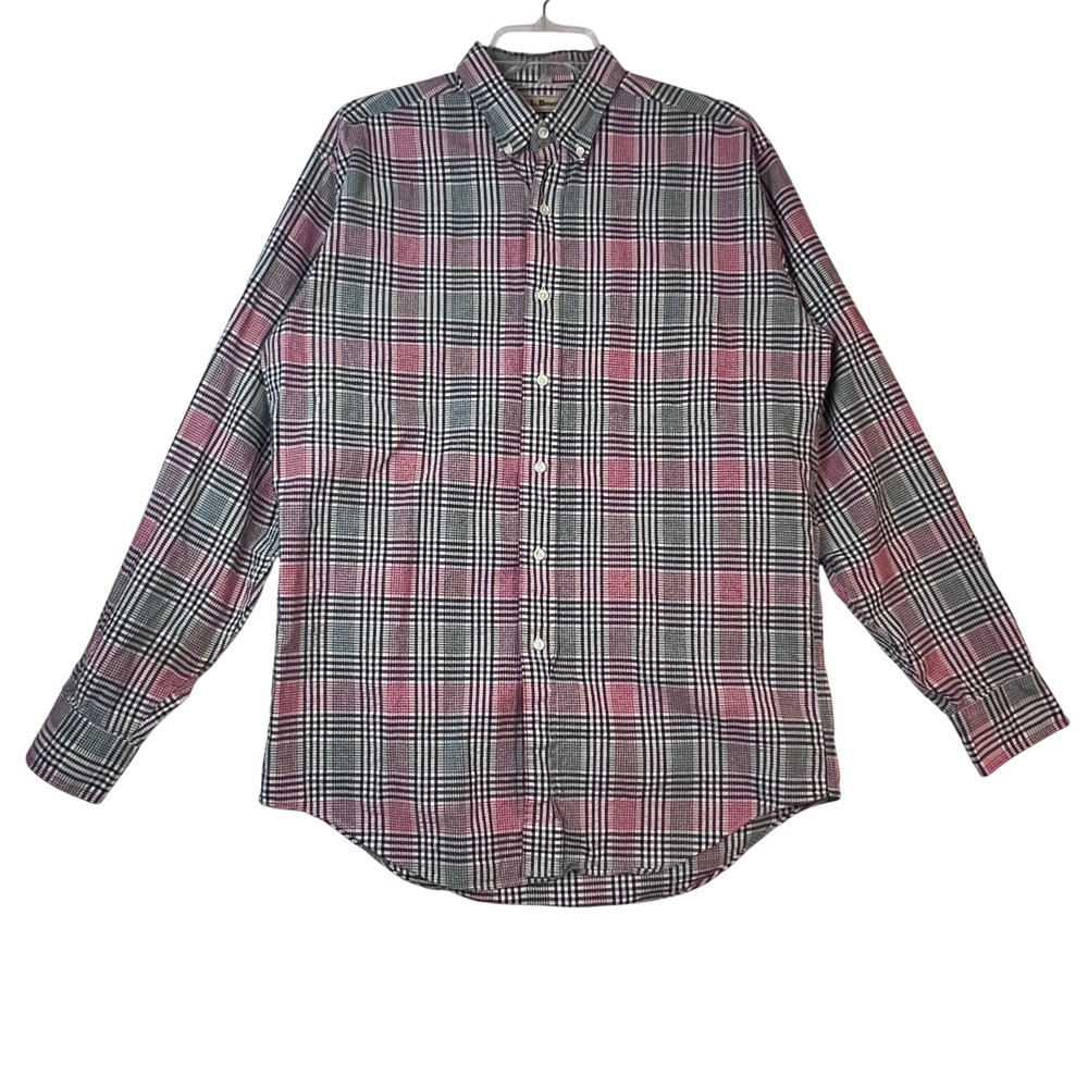L.L. Bean Mens Plaid Button Down Shirt MD Tall Plaid Checkered Long Sleeve